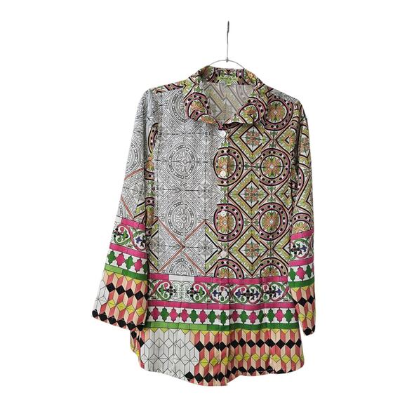 Trisha Tyler NWT MEDIUM Blouse Button-Up Geometric Wire Collar Multicolor - Picture 1 of 11